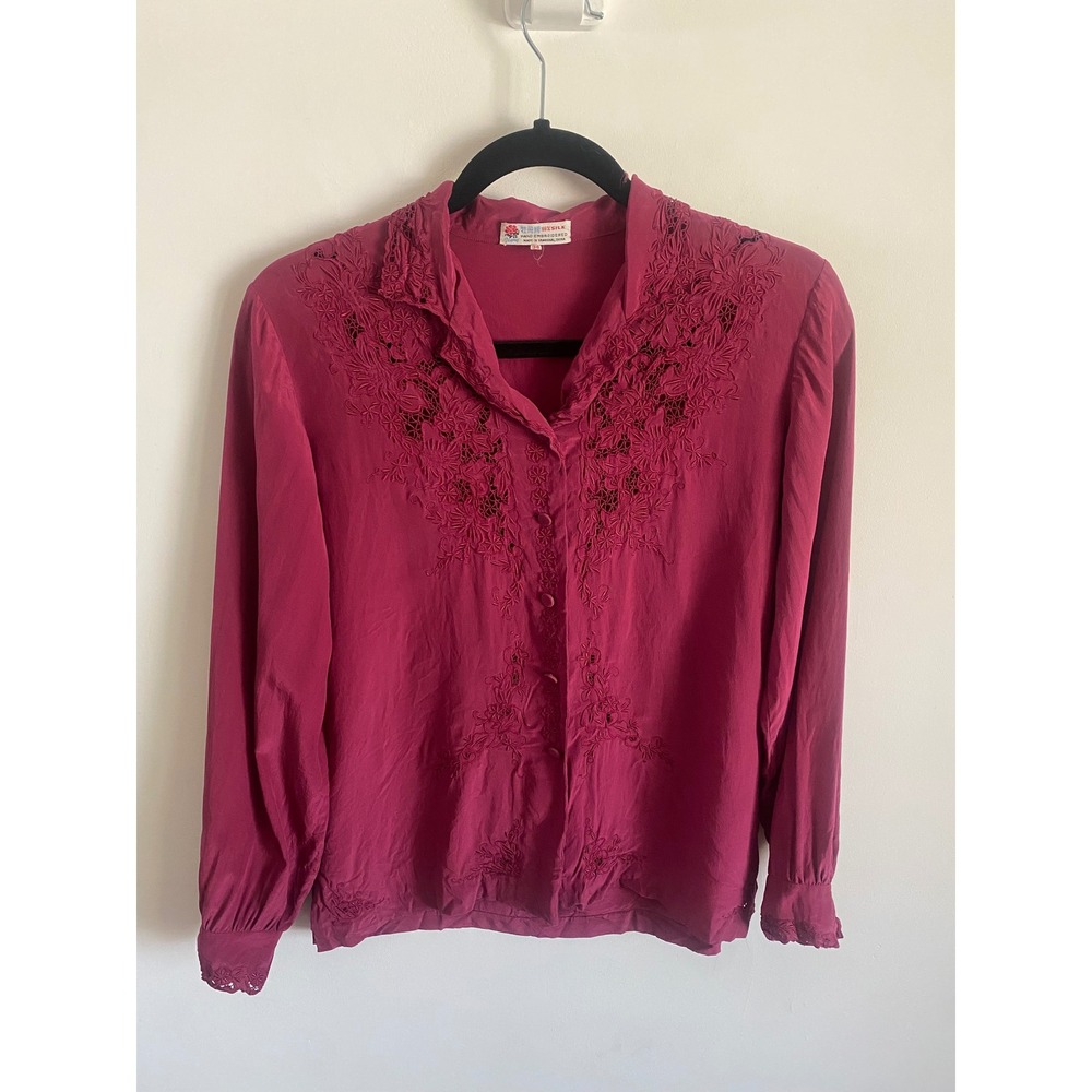 Peony Vintage 100% Silk Hand Embroidered Blouse Magenta Pink Floral Cutout Sz 34